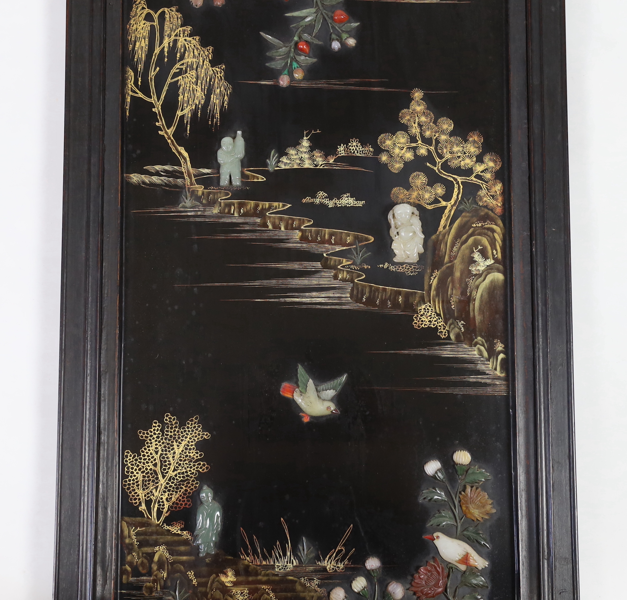 A Chinese jade mounted lacquer panel, 20th century, one applied jade figure Qing dynasty